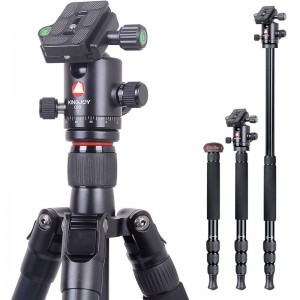 Kingjoy Travel Tripod Kit, Aluminum Video Camera Tripod with Fluid Pan Drag Head, Center Column, Adjustable Leg Angle, Compatible for Canon Nikon DSLR Video Shooting