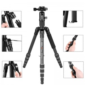 KINGJOY 5-section Aluminum Portable Foldable Lightweight Twist Lock Camera Photo Tripod with Ball Head Kit for DSLR